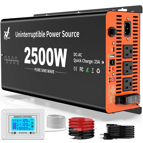 Front view of 2500 Watt Sump Pump Battery Backup System with Pure Sine Wave Output, featuring 3 AC outlets and remote LCD controller.