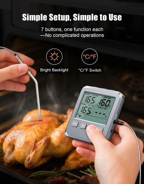 Person using Dual Probe Digital Meat Thermometer For Cooking, Grilling, And Smoking With Large Backlit LCD And Alarm on roasted chicken
