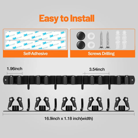Installation instructions for Two Pack Heavy Duty Broom Holder Wall Mount With Five Racks And Four Hooks Stainless Steel Mop And Broom Organizer Wall Mounted Storage Rack For Kitchen And Laundry Black Finish, showing dimensions and mounting options.