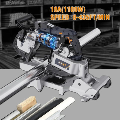 Powerful 10 Amp Portable Band Saw With Lightweight Aluminum Base 5 Inch Deep Cut Variable Speed Handheld Automatic Cut Carrying Wheels