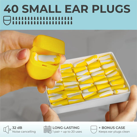Person holding Small Ear Canal Sleep Ear Plugs, 40 Pack Noise Cancelling Ear Plugs, 32 dB Sound Blocking For Snoring, in yellow case