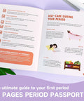 Open book showing self-care tips, part of Tween First Period Starter Kit For Girls Aged Nine To Twelve With Comfort Essentials.