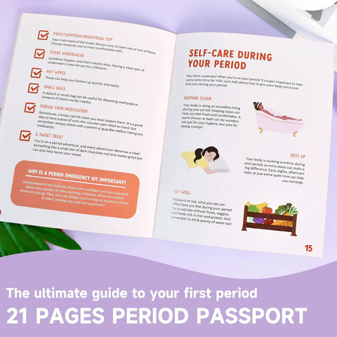 Open book showing self-care tips, part of Tween First Period Starter Kit For Girls Aged Nine To Twelve With Comfort Essentials.