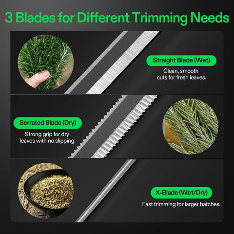 3 blade types for 13 Inch Bud Leaf Bowl Trimmer With Clear Visibility Dome And Sharp Stainless Steel Blades