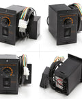 Speed control unit collage; black panel with orange dial, stand-by switch, and multi-color wiring.