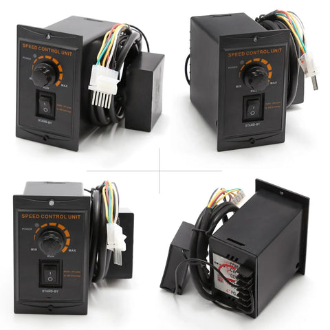 Speed control unit collage; black panel with orange dial, stand-by switch, and multi-color wiring.