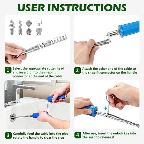 User instructions for Badass Heavy Duty Drain Snake And Auger With Drill Attachment Plumbing Tool 9.8Ft Galvanized Steel Spring.