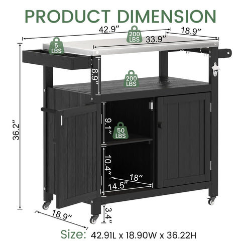 Diagram of Weatherproof HIPS Outdoor Kitchen Island With Stainless Steel Top And Storage Cabinet Movable Prep Table With Wheels