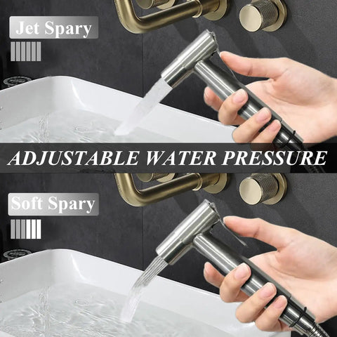 Heavy Duty Stainless Steel Bidet Sprayer Set With Adjustable Water Pressure, Hose Attachment For Toilet, in use showing jet and soft spray.