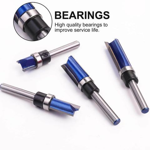 Pattern Flush Trim Router Bit Set With Bottom Bearing, Pro Grade Tungsten Carbide Bits, Four-Piece, 1/4 Inch Shank, Close View