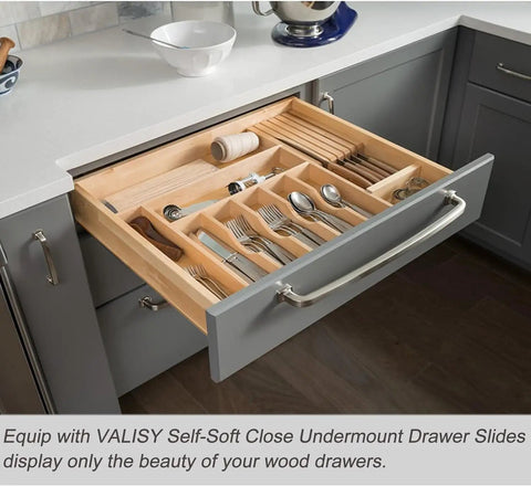Kitchen drawer with neatly organized utensils using Full Extension 20 Inch Drawer Slides Six Pairs Side Mount With Metal Ball Bearing Rails Heavy Duty 100 Lb Load Capacity For Cabinets Wardrobes Dressers And Kitchen Drawers Screws Included For No Fuss Easy Install.