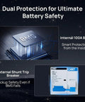 Internal BMS and external shunt trip breaker from Off Grid Solar System Kit With 12x195W N Type Bifacial Mono Panels 2340W Total 5kW 120/240V Inverter And 51.2V 100Ah LiFePO4 Battery Storage Rack For Whole Home Power.