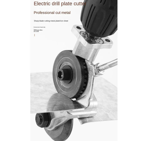 Portable Electric Metal Cutter Drill Attachment For Smooth Sheet Metal Roofing Ductwork Aluminum Siding Thin Steel Trimming, close-up view of sharp blade on metal.