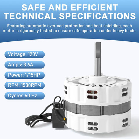 Direct Fit Attic Fan Motor Replacement 120V 1500 RPM For Attic Vents with technical specifications displayed