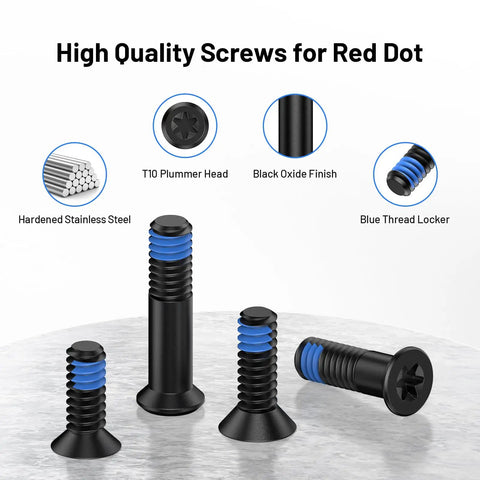 Rock Solid Red Dot Screw Kit With M4 And Six Thirty Two Threads Blue Thread Locker For Rmr Optics and Holosun 407k 507k Delta Point Pro showing different screw types.
