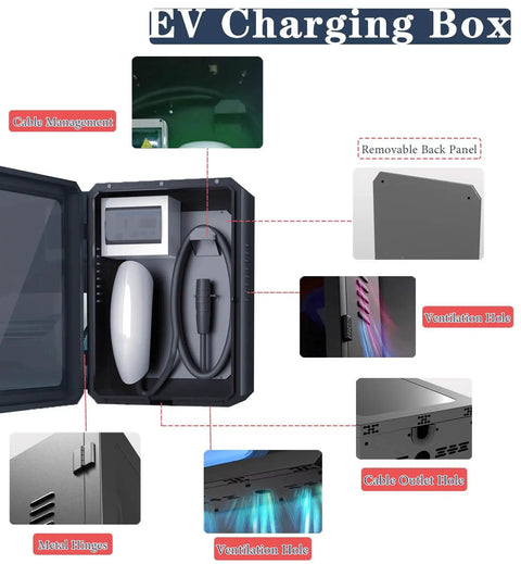 Inside view of Heavy Duty Lockable EV Charging Station Cover with cable management, ventilation holes, and removable back panel.