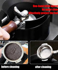 Automatic 58Mm Electric Portafilter Knock Box showing before and after cleaning espresso pucks in seconds, effective for busy cafes.