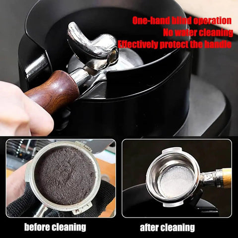 Automatic 58Mm Electric Portafilter Knock Box showing before and after cleaning espresso pucks in seconds, effective for busy cafes.