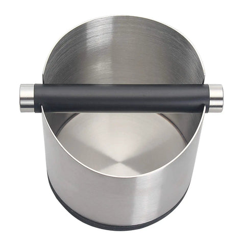 Espresso Knock Box Built Tough From Stainless Steel, Removable Knock Bar, And Non Slip Rubber Base, top view angle