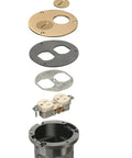 Exploded view of Round Cut-In Floor Box Kit 1-Gang With Brass Cover And Threaded Plugs For Wood Or Concrete Floors Easy To Install