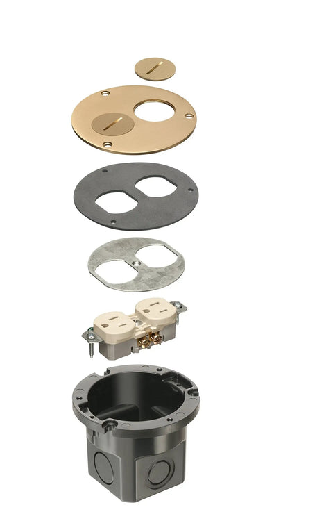 Exploded view of Round Cut-In Floor Box Kit 1-Gang With Brass Cover And Threaded Plugs For Wood Or Concrete Floors Easy To Install