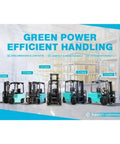 Top Rated Portable Electric Forklift Pallet Stacker With 4-Way Counterbalance Lift Truck, showcasing various weight capacities in a warehouse.