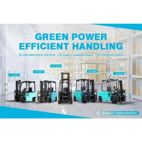 Top Rated Portable Electric Forklift Pallet Stacker With 4-Way Counterbalance Lift Truck, showcasing various weight capacities in a warehouse.