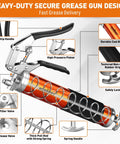 Grease gun kit with orange metal body and black non-slip handle; cutaway shows internal spring and piston.
