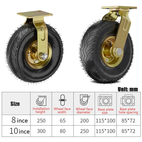 Heavy Duty 10 Inch Rubber Caster Wheels For Furniture And Carts, Outdoor Industrial Swivel Wheel With Knobby Tread shown in two angles