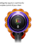Close-up of the V15 Detect Pro Cordless Vacuum Cleaner LCD screen showing debris sensing data and timer, emphasizing tech features.
