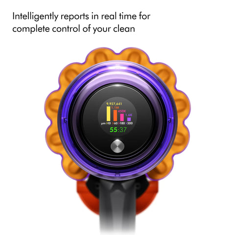 Close-up of the V15 Detect Pro Cordless Vacuum Cleaner LCD screen showing debris sensing data and timer, emphasizing tech features.