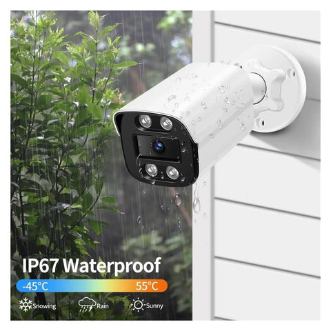 Kickass Outdoor POE IP Security Camera With 8MP 4K Resolution And Smooth H265 Encoding in IP67 waterproof design with raindrops.