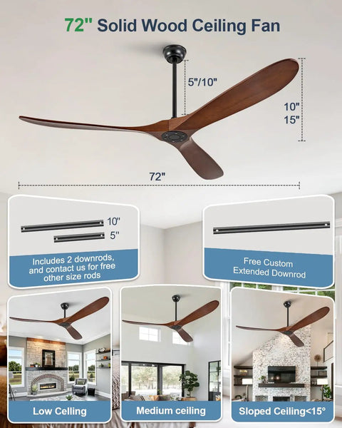 BOOMJOY 72 Inch Ceiling Fan No Light, Wood Outdoor Ceiling Fans for Patios, featuring solid wood blades and adjustable downrods.
