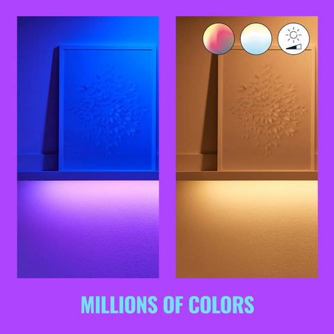 13Ft Multicolor LED Light Strip Base Kit With Extension For Easy Setup And Flowing Color Changing In Your Smart Home WiFi Enabled Works With Alexa And Google Assistant, showing color variations on wall art.