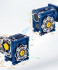 Diagram of NMRV040 Beefy Worm Gearbox with High Torque Speed Reducer, showing 5:1 ratio and dimensions, for NEMA 34 motors, blue.