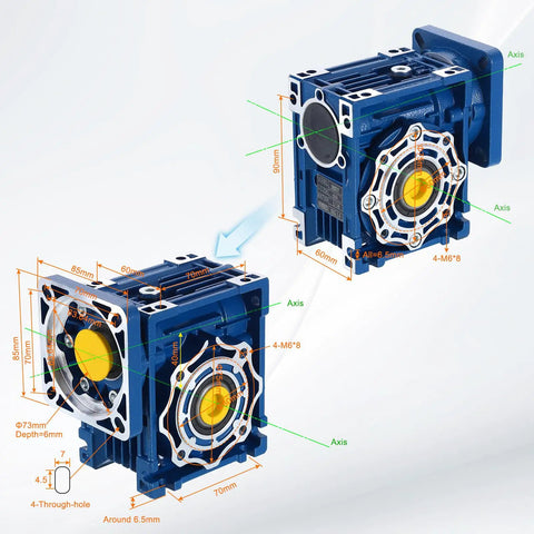 Diagram of NMRV040 Beefy Worm Gearbox with High Torque Speed Reducer, showing 5:1 ratio and dimensions, for NEMA 34 motors, blue.