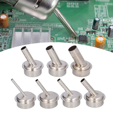 7 Pcs Oblique Nozzle Kit For Hot Air Rework 22mm Diameter Fits 861 Soldering Desoldering Station, shown with PCB