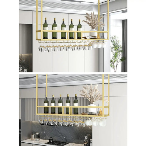 Ceiling Mounted Wine Rack And Glass Holder Kit For Kitchen Or Home Bar, Overhead Bottle Storage, metal rack above kitchen counter