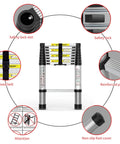 8.5 Ft Aluminum Telescoping Ladder With Traceless Tube Design, Spring Loaded Locking, 330 Lb Capacity, safety features displayed