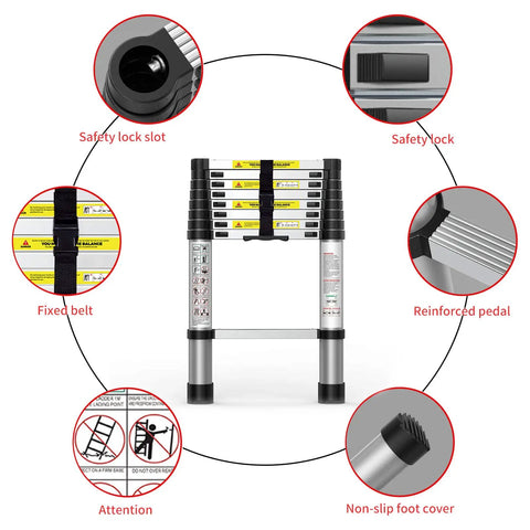 8.5 Ft Aluminum Telescoping Ladder With Traceless Tube Design, Spring Loaded Locking, 330 Lb Capacity, safety features displayed