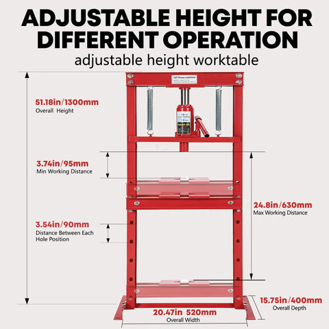 Diagram of Heavy Duty 12 Ton Hydraulic H Frame Shop Press With Adjustable Work Table And Stamping Plates For Auto Repair
