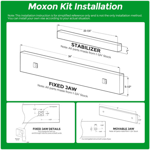 Moxon Kit Installation diagram showing components with measurements for No Sweat Quick Action Acme Thread Vise Hardware Kit.