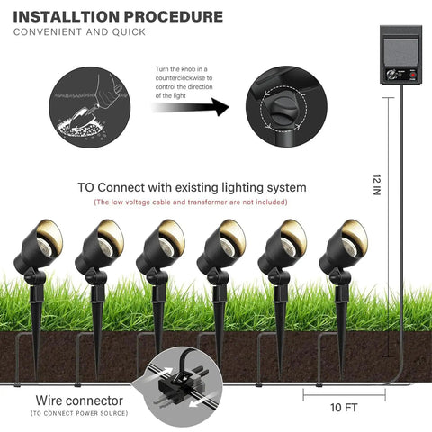 Installation diagram for 8 Pack Low Voltage 12V Landscape Lights With 20W Halogen Flood Spotlights 145 Lumen Warm White 2800K