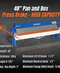 48 Inch Manual Pan And Box Brake For Sheet Metal, 16 Gauge Mild Steel Capacity, 135 Degree Bend, blue heavy duty steel frame