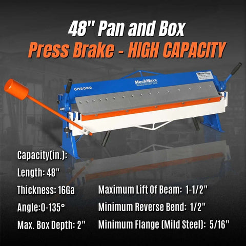 48 Inch Manual Pan And Box Brake For Sheet Metal, 16 Gauge Mild Steel Capacity, 135 Degree Bend, blue heavy duty steel frame