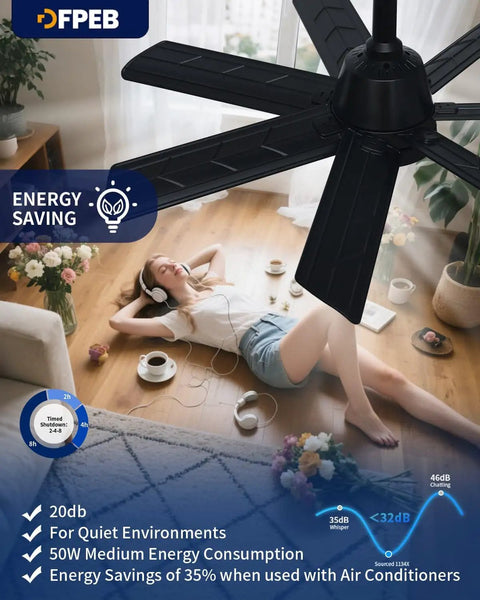 28 Inch Plug In Outdoor Ceiling Fan With Lights And Remote, Dimmable 3000K To 6500K CCT, black ceiling fan installed indoors