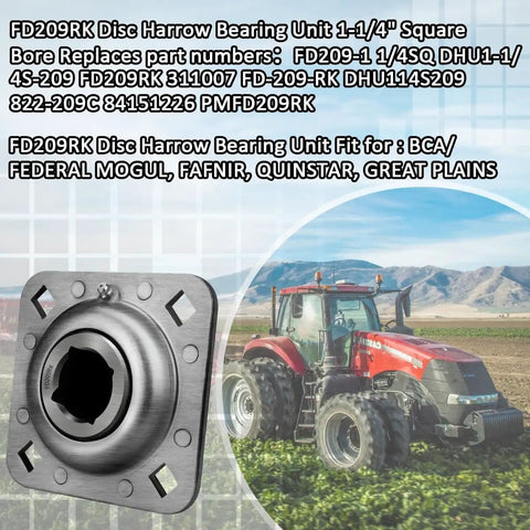 Beefed-Up Heavy Duty 1-1/4 Inch Square Bore Disc Harrow Flange Bearing Unit with farm tractor in background