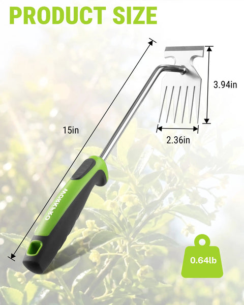 15 Inch Weed Puller Tool With 6 Tine Deep Root Remover Stainless Steel Hand Weeder With Ergonomic Soft Grip and dimensions