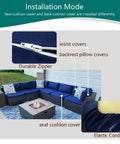 Outdoor Cushion Covers Replacement Set 14 Piece For 7 Piece 6 Seater Wicker Rattan Sectional Sofa Patio Slipcovers With Seat Back And Waist Covers Blue, installation diagram showing parts and zippers.