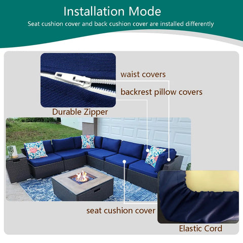 Outdoor Cushion Covers Replacement Set 14 Piece For 7 Piece 6 Seater Wicker Rattan Sectional Sofa Patio Slipcovers With Seat Back And Waist Covers Blue, installation diagram showing parts and zippers.